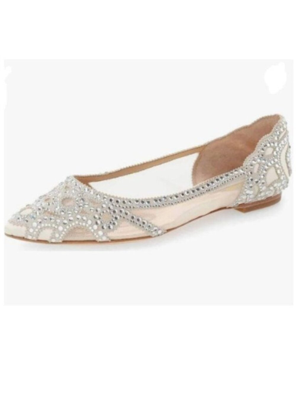 XYD Ivory Pointed Toe Rhinestone Flats Mesh Slip On Low Heel Crystal Shoes